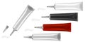 Set of 5 tubes with long nozzle and silver cap. Red, white, black. Cosmetic packaging. Serum or ointment. Gel or cream.